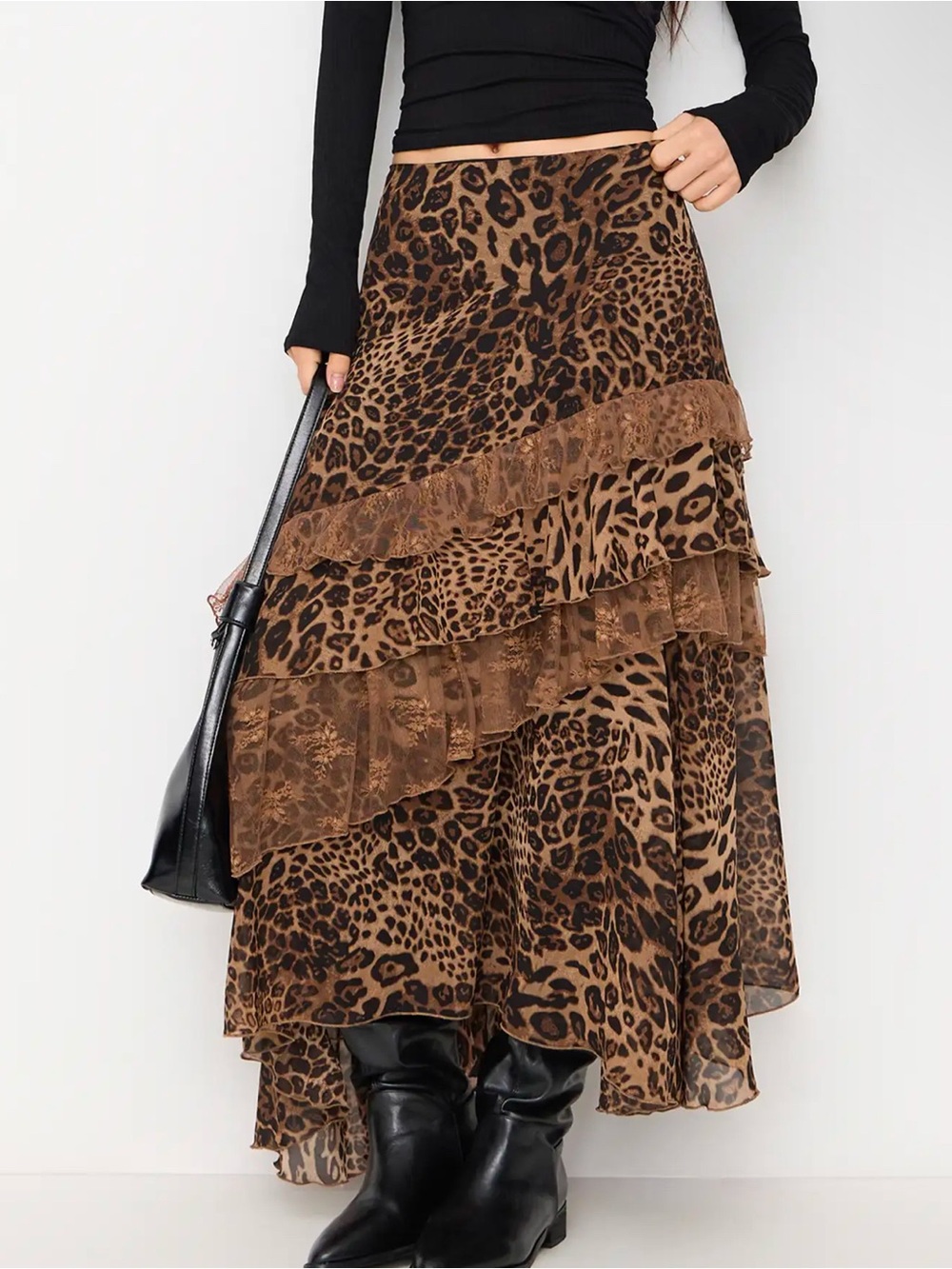 Cider  XL CHIFFON HIGH RISE LEOPARD PRINT LAYERED MAXI SKIRT NEW
